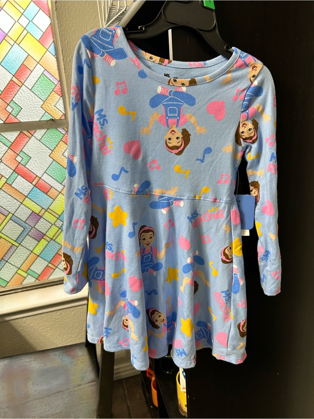 Rachel Light Blue Long-Sleeve Character Print Dress with Pink & Yellow Accents